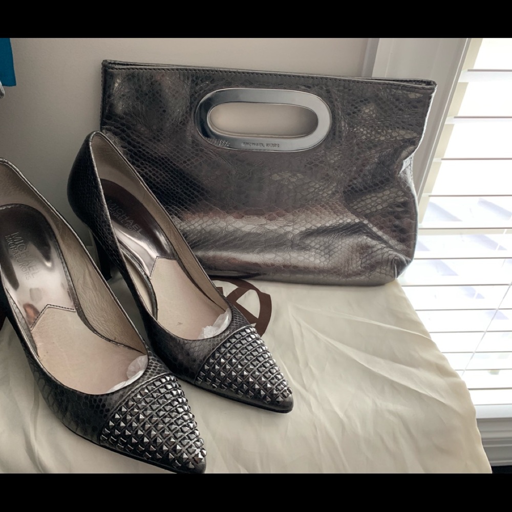 Michal Kors gunmetal pumps with matching clutch